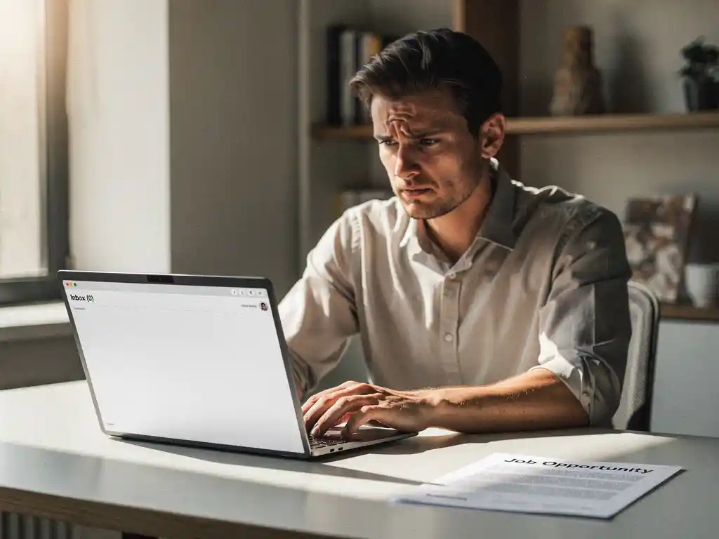 Hiring manager aan modern bureau staart peinzend naar leeg e-mailinbox op laptop, met uitgeprinte vacature ernaast.