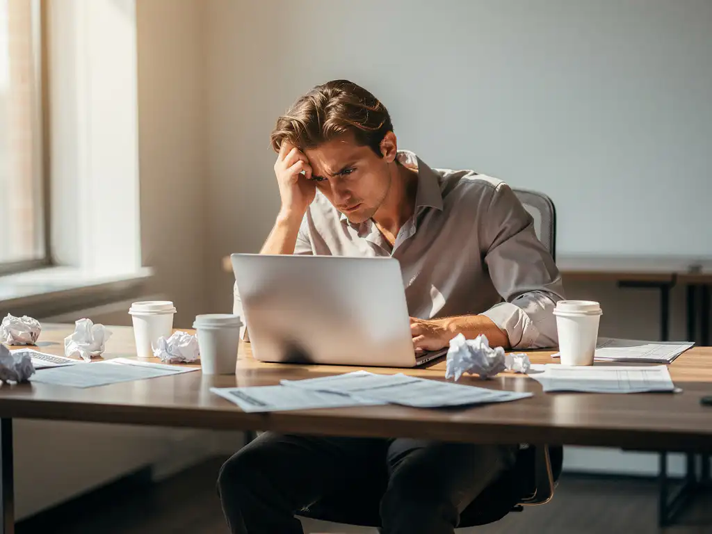 Vermoeide HR-manager aan bureau met verspreide facturen en lege koffiekopjes, hoofd in hand, starend naar laptop.