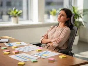 HR-manager leunt achterover aan eikenhouten bureau bezaaid met sticky notes en planningsformulieren, gekruiste armen, peinzende blik.
