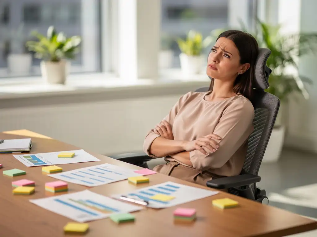 HR-manager leunt achterover aan eikenhouten bureau bezaaid met sticky notes en planningsformulieren, gekruiste armen, peinzende blik.