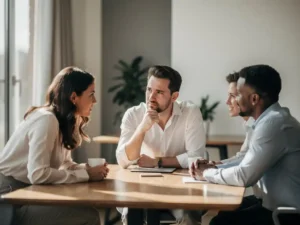 HR-manager in gesprek met klein team aan houten tafel in licht modern kantoor met natuurlijk raamlicht.