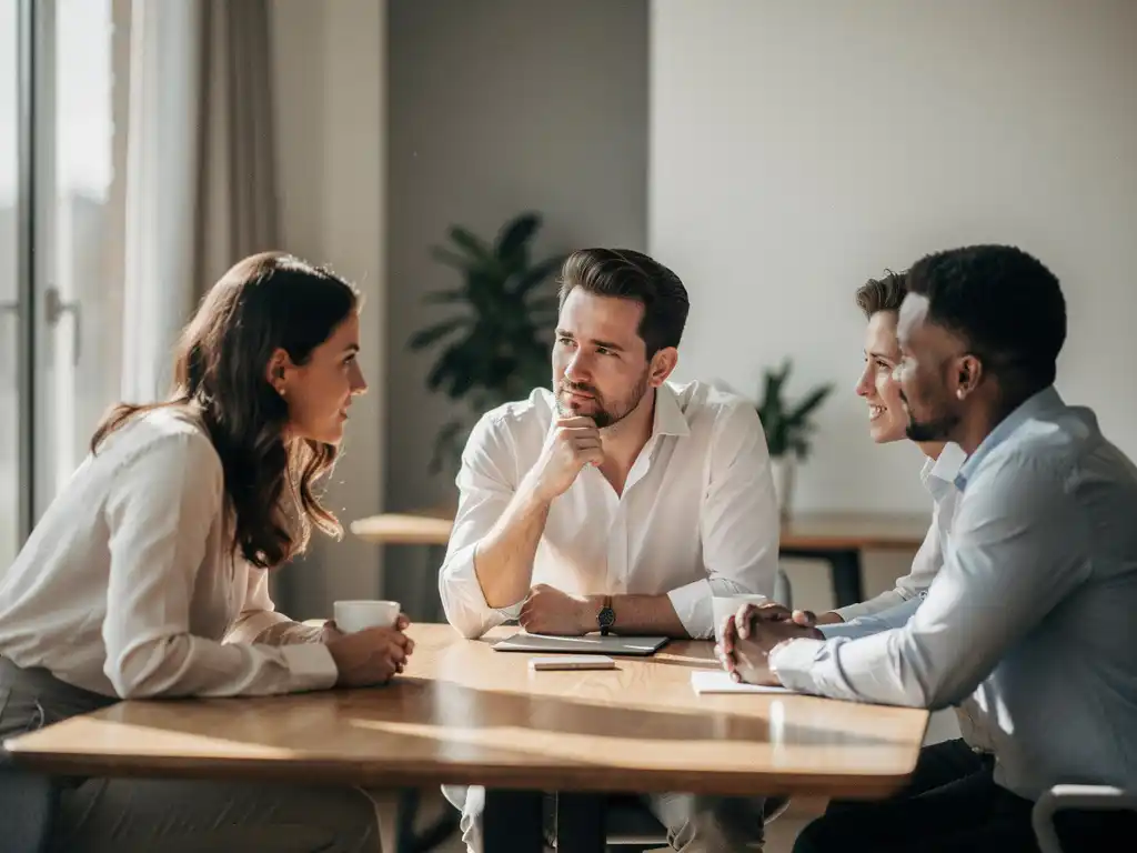 HR-manager in gesprek met klein team aan houten tafel in licht modern kantoor met natuurlijk raamlicht.