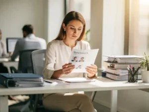 HR-professional bestudeert benchmarkrapport aan modern bureau, omringd door personeelsdossiers in lichte kantooromgeving.