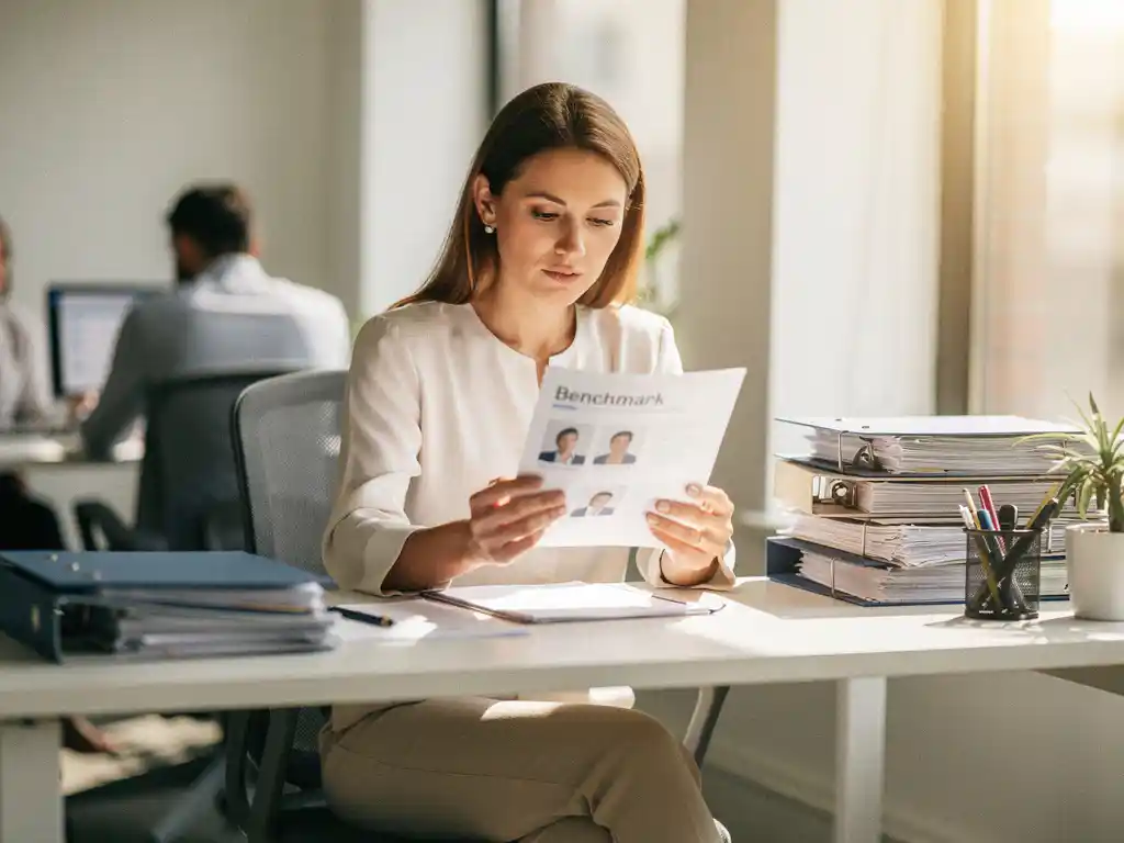 HR-professional bestudeert benchmarkrapport aan modern bureau, omringd door personeelsdossiers in lichte kantooromgeving.