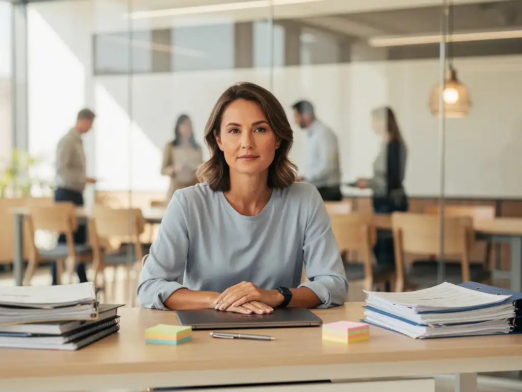 HR-professional aan licht houten bureau met mappen en sticky notes, collega's zichtbaar door glazen wand op moderne kantoorvloer.