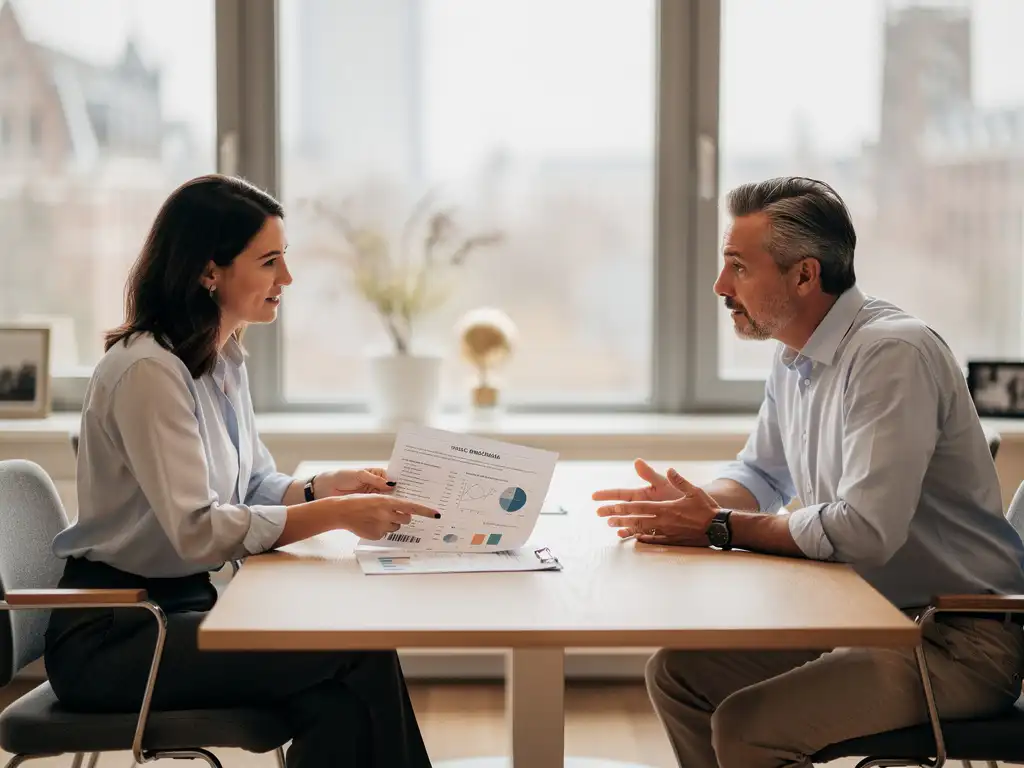 HR-professional overhandigt document aan leidinggevende in modern Amsterdams kantoor met warm natuurlijk licht.