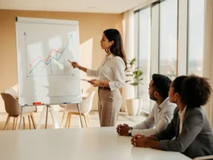 HR-professional presenteert groeigrafiek op glazen whiteboard aan twee collega's in modern Scandinavisch kantoor met natuurlijk licht.