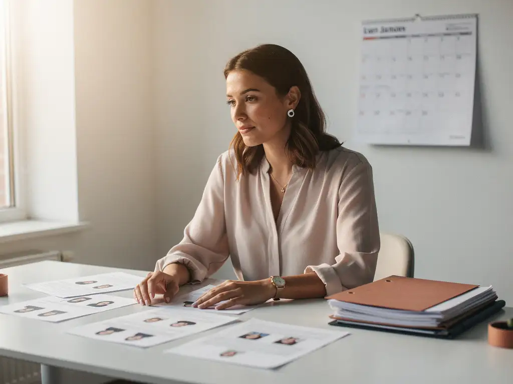HR-professional pauzeert peinzend aan bureau met kandidatendossiers en verouderde planningskalender in warm natuurlijk licht.