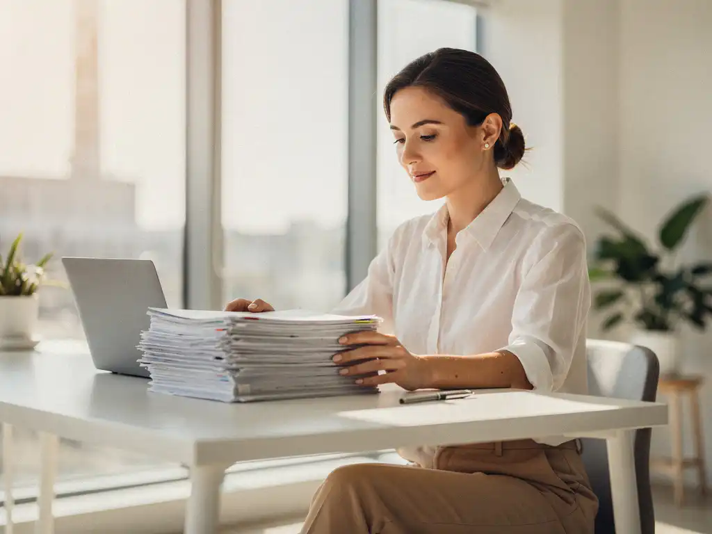HR-professional bekijkt stapel kandidaatdossiers zelfstandig aan modern bureau met warm natuurlijk licht.