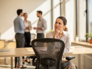 HR-professional in gedachten verzonken tijdens overleg in modern kantoor, lege stoel op voorgrond, collega's op de achtergrond.