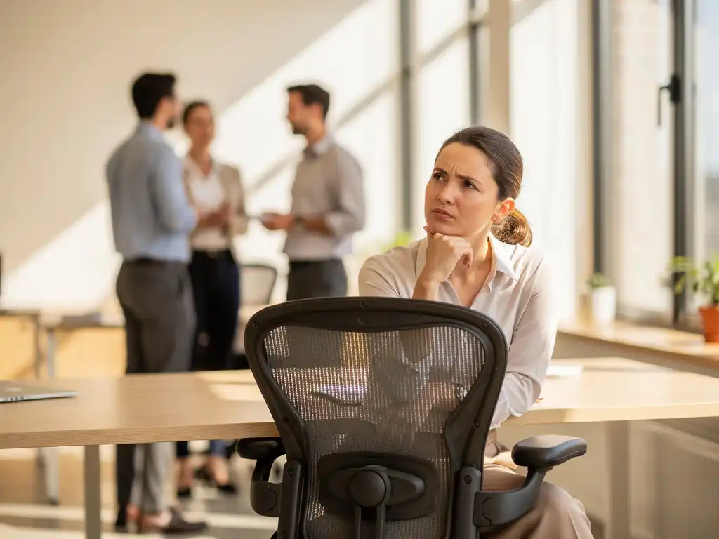 HR-professional in gedachten verzonken tijdens overleg in modern kantoor, lege stoel op voorgrond, collega's op de achtergrond.