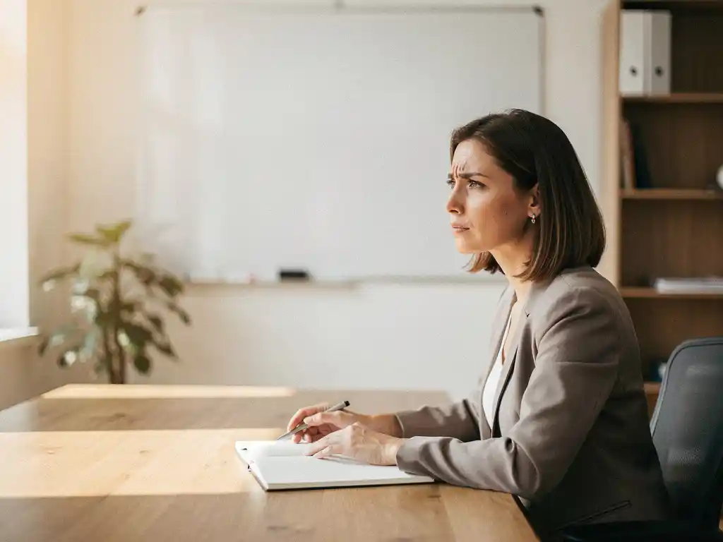 HR-professional in haar 30s kijkt peinzend naar een leeg whiteboard aan een houten bureau, open notitieboek voor haar.
