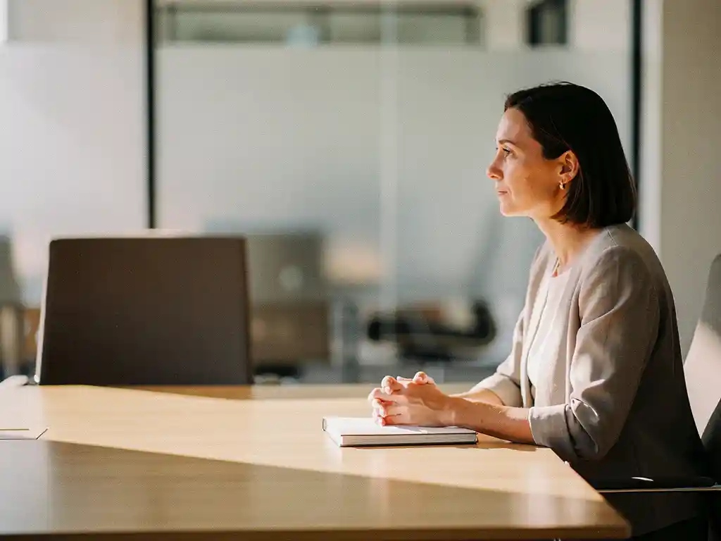 HR-professional aan vergadertafel met gesloten notitieboek, starend naar lege stoel tegenover haar in licht kantoor.