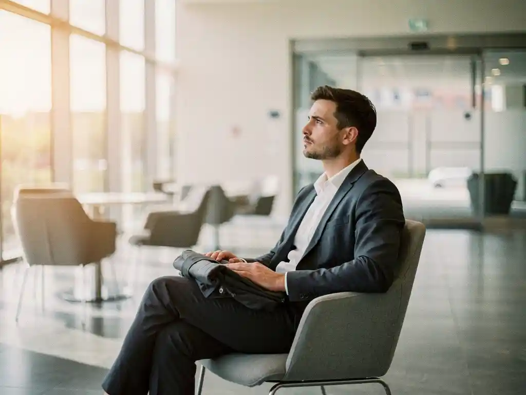 Jonge professional zit alleen in moderne kantoorlobby, jasje op schoot, blik gericht op de uitgang met twijfelende uitdrukking.