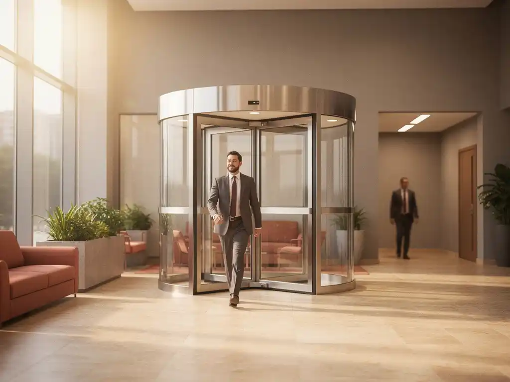 Medewerker stapt zelfverzekerd door draaideur in modern kantoorlobby terwijl collega via achtergang vertrekt, warm natuurlijk licht.