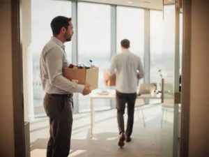 Gefrustreerde manager in kantoordeurdeuropening kijkt toe hoe collega vertrekt met ingepakte doos, modern licht kantoor op de achtergrond.