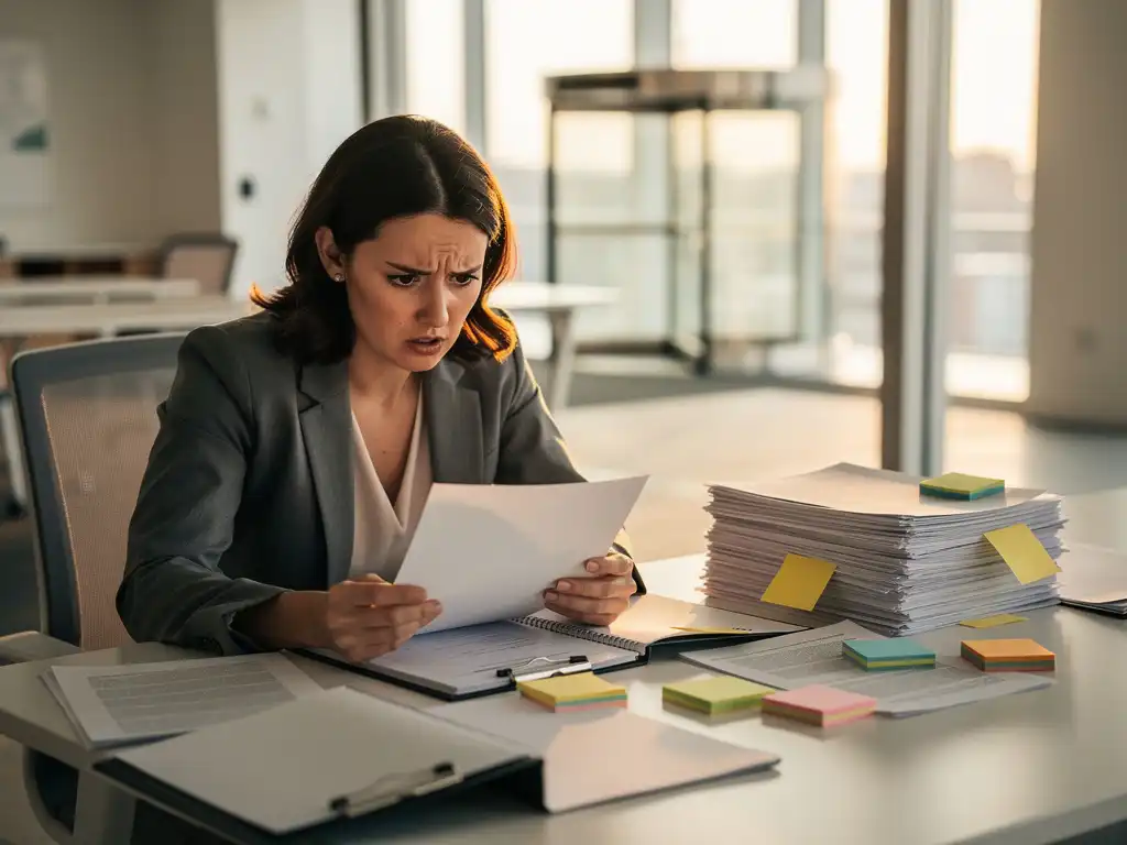 Gefrustreerde manager aan modern bureau met onboardingdocumenten, trainingsmappen en notities, draaideur zichtbaar door kantoorraam.