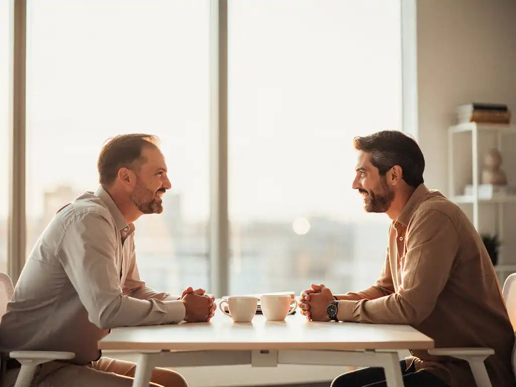 Medewerker en manager in gesprek aan modern bureau met koffie, natuurlijk middaglicht en open kantooromgeving op de achtergrond.