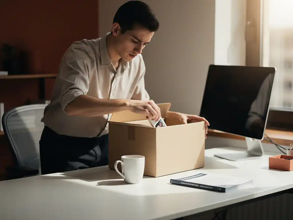 Jonge professional die persoonlijke spullen in een kartonnen doos pakt op een modern kantoorbureau, met een koffiekopje en onboardingmap achtergelaten.