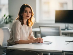 Nieuwe medewerker zit alleen aan een leeg bureau met onbeschreven notitieblok, zichtbaar onzeker op eerste werkdag.