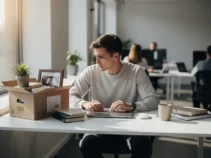 Nieuwe medewerker zit onzeker aan modern bureau met half uitgepakte spullen, open kantoor op de achtergrond.