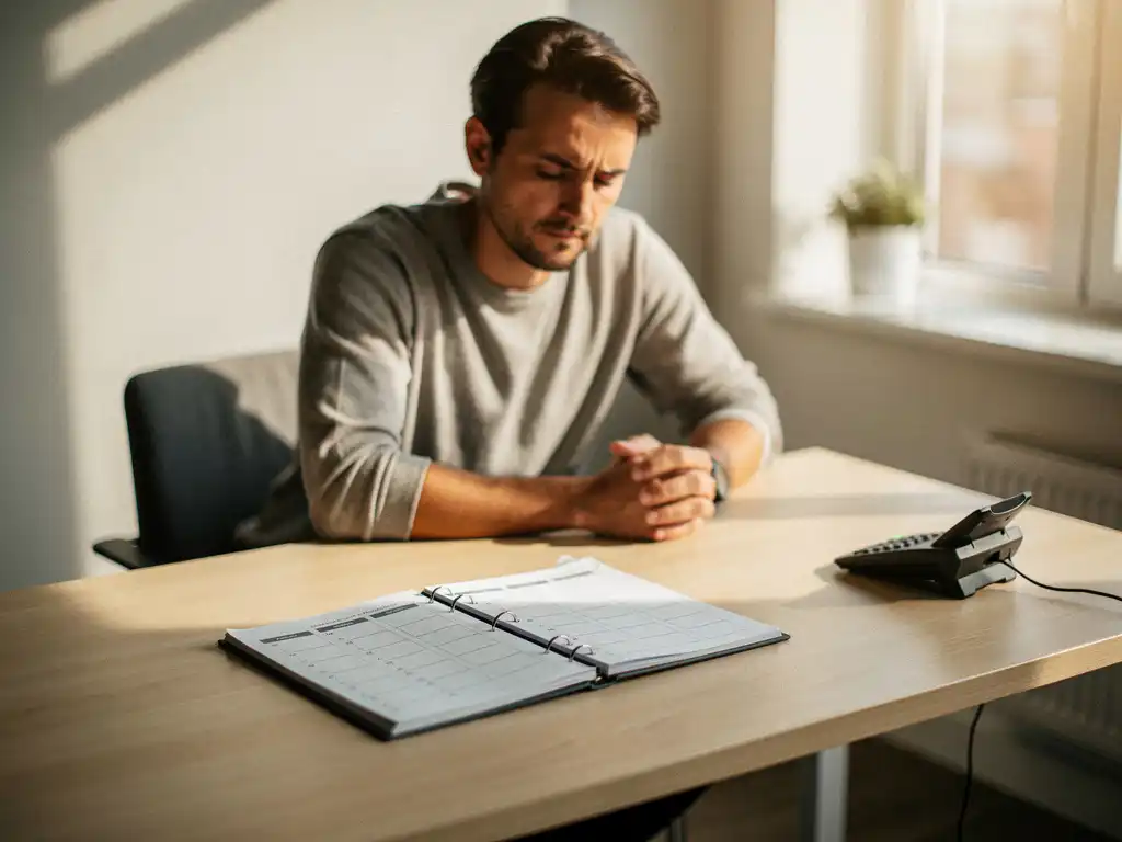 Ondernemer bekijkt lege plannerafspraken aan licht houten bureau, onbeantwoorde telefoon op de voorgrond, warm natuurlijk raamlicht.