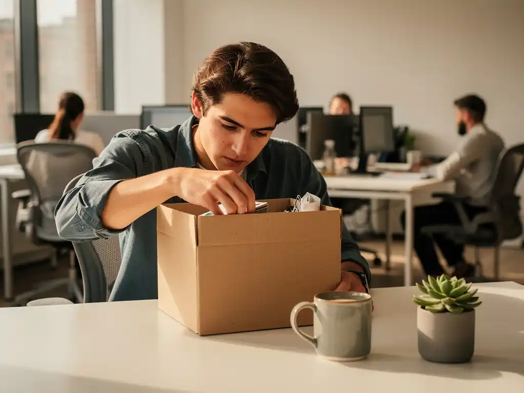 Jonge professional die persoonlijke spullen in een kartonnen doos pakt op een modern kantoor, koffiemok en succulent achtergelaten op het bureau.