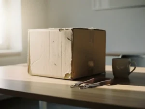 Kartonnen doos met persoonlijke spullen op leeg kantoorbureau, vergeten koffiemok en lanyard, zachte ochtendlicht.