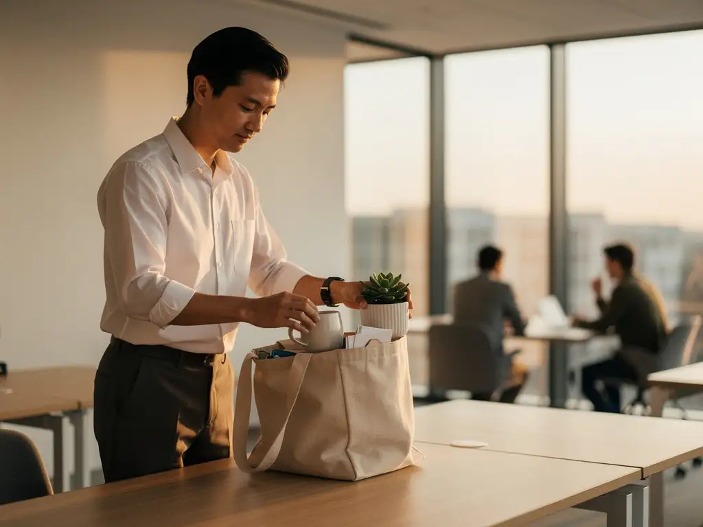 Professional pakt persoonlijke spullen van modern bureau in, met succulent en koffiemok, collega's onscherp op de achtergrond.