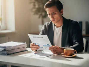 Recruitmentprofessional analyseert een benchmark rapport aan modern bureau met koffie, gefocust en doordacht, zacht natuurlijk raamlicht.