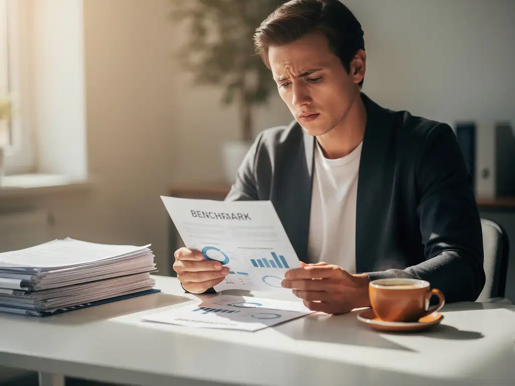 Recruitmentprofessional analyseert een benchmark rapport aan modern bureau met koffie, gefocust en doordacht, zacht natuurlijk raamlicht.