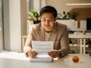 Recruiter buigt zich over een gemarkeerd cv aan een modern bureau, warm natuurlijk licht vanuit een raam, open kantoor op de achtergrond.