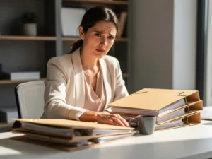 Recruiter bekijkt bezorgd een open sollicitatiemap aan een modern bureau met natuurlijk raamlicht en onscherpe kantoorachtergrond.