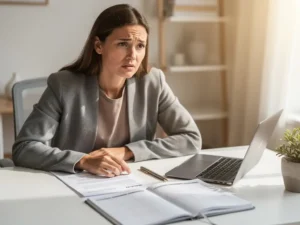 Recruiter pauzeert aan modern Scandinavisch bureau met halfbeoordeeld cv en open agenda met lege weken, warm natuurlijk licht.