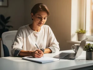 Recruiter aan modern bureau bestudeert leeg notitieboek met pen in hand, warm natuurlijk licht en onscherpe achtergrond.