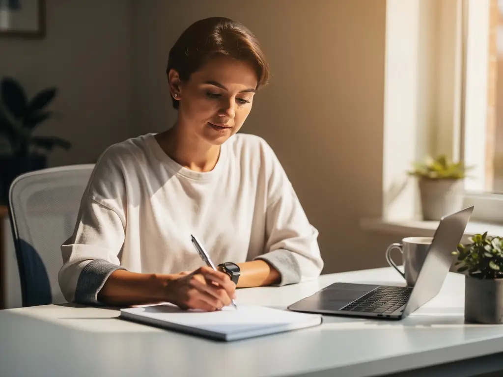 Recruiter aan modern bureau bestudeert leeg notitieboek met pen in hand, warm natuurlijk licht en onscherpe achtergrond.