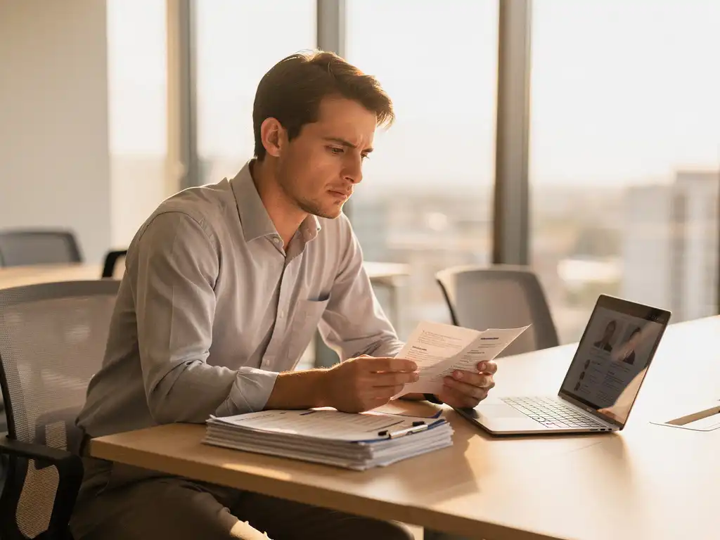 Recruiter bekijkt stapel cv's aan modern lichthouten bureau met laptop en kandidaatprofielen, warm kantoorlicht op de achtergrond.