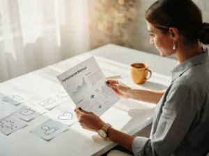 Recruiter bekijkt prestatie-dashboard op modern bureau met koffie en aantekeningen in warm natuurlijk licht.