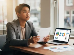 Recruiter houdt kandidaatprofiel vast en negeert data-dashboard op eiken bureau, blik in de verte, Amsterdams kantoor op de achtergrond.