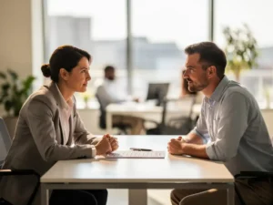Recruiter bespreekt checklist met kandidaat tijdens sollicitatiegesprek in licht modern kantoor met natuurlijk daglicht.