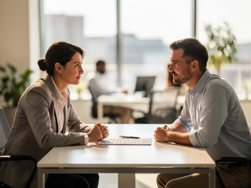 Recruiter bespreekt checklist met kandidaat tijdens sollicitatiegesprek in licht modern kantoor met natuurlijk daglicht.