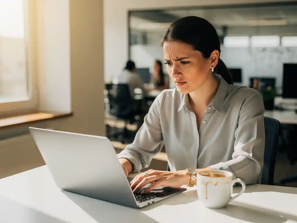 Recruiter aan modern bureau bekijkt laptop met nadenkende blik, bijna leeg koffiekopje naast zich, warme natuurlijke belichting.