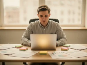 Recruitmentprofessional aan modern bureau staart naar leeg laptopscherm, omringd door rapporten en sticky notes in warm, minimalistisch kantoor.