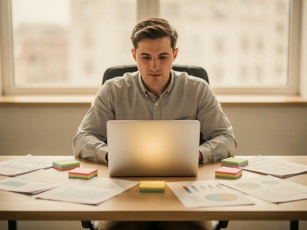 Recruitmentprofessional aan modern bureau staart naar leeg laptopscherm, omringd door rapporten en sticky notes in warm, minimalistisch kantoor.