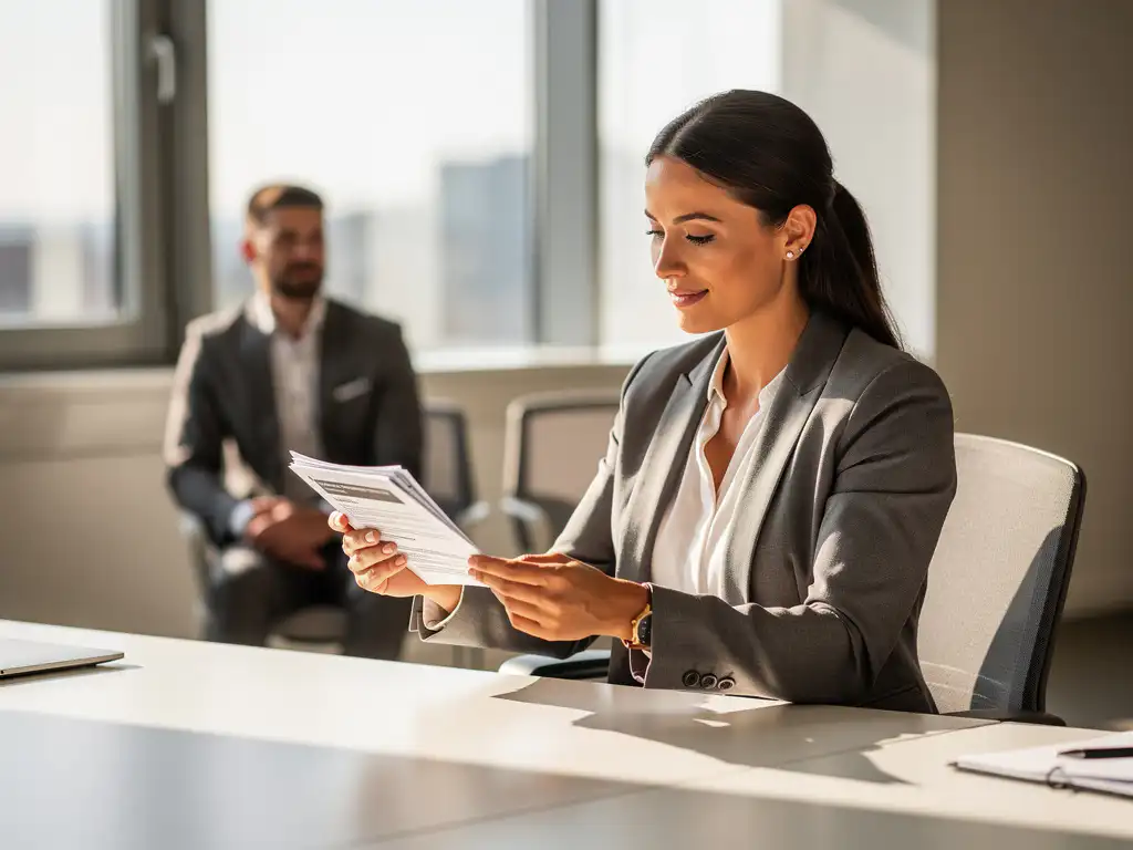 Recruiter in smart-casual kleding bekijkt cv's aan een modern bureau, met een wachtende kandidaat op de achtergrond.