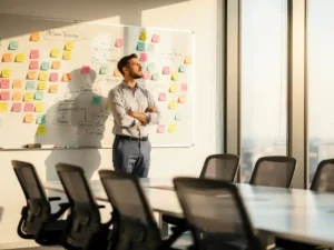 Recruiter met gekruiste armen bij whiteboard vol sticky notes en organogrammen in modern kantoor met lege stoelen en natuurlijk licht.