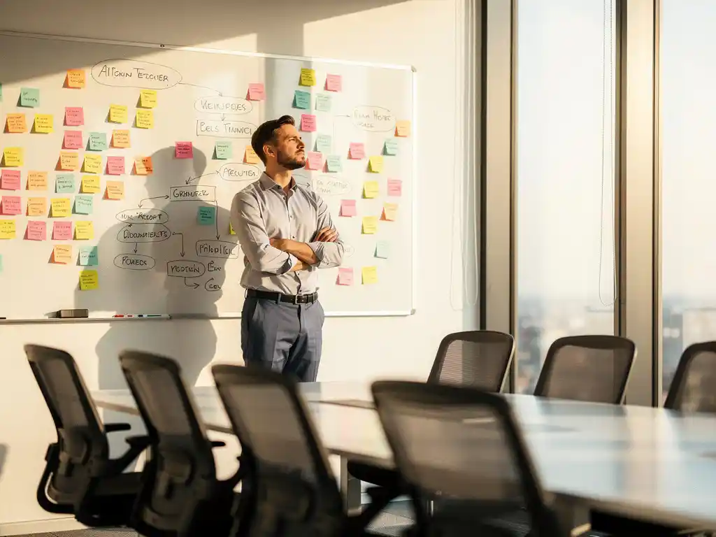 Recruiter met gekruiste armen bij whiteboard vol sticky notes en organogrammen in modern kantoor met lege stoelen en natuurlijk licht.