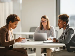 Drie recruiters werken zelfstandig in een lichte moderne kantoorruimte, elk met een eigen aanpak.