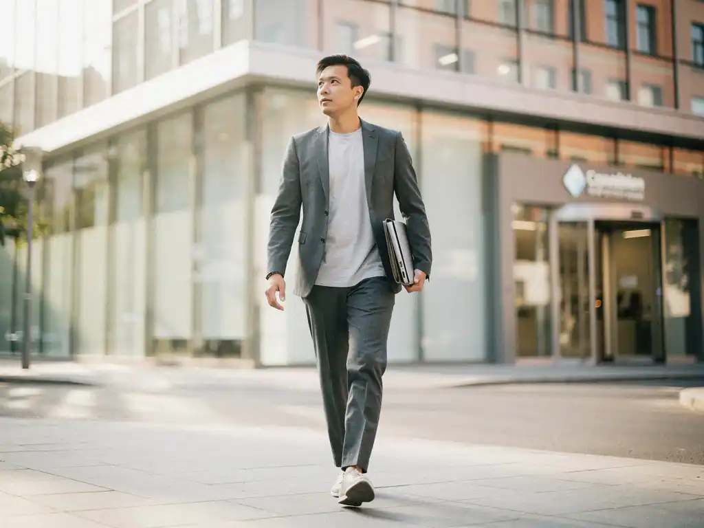 Zelfverzekerde sollicitant in smart-casual kleding loopt weg van modern glazen kantoorgebouw richting volgend bedrijf op zonnige straat.