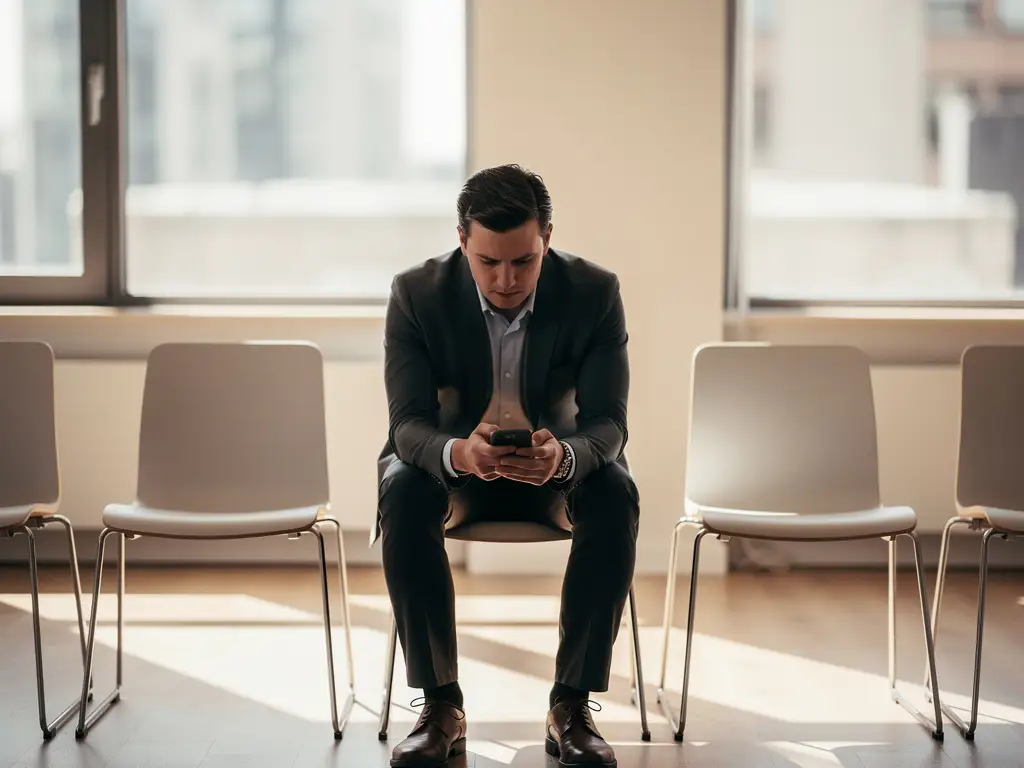 Sollicitant in smart-casual kleding wacht alleen in modern kantoor, kijkt op telefoon tussen lege stoelen in zacht natuurlijk licht.
